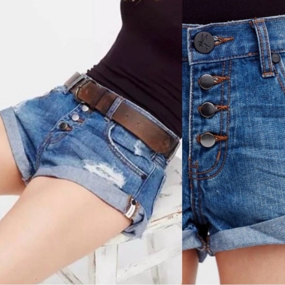 One Teaspoon Free People Bandits Shorts Cut Off Button Fly Roll Hem Denim Sz 25 - Picture 11 of 12